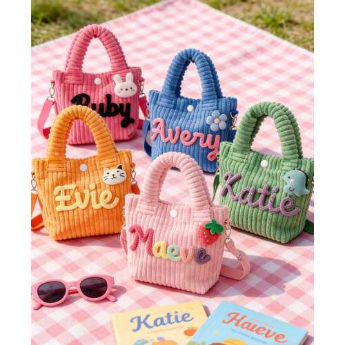 Personalized Toddler Purse with Cute Charm Custom Name Corduroy Kids Crossbody Bag/Handmade Yarn Letters/Birthday Gift Preschool Daycare Bag