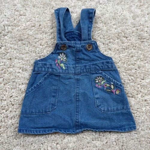 Baby Girls Denim Overalls Dress Embroidered Flowers Size 0 3 Months