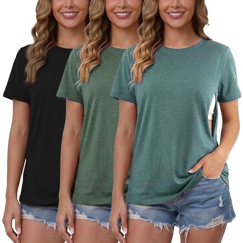 Ecavus Women's 3-Pack Nursing Shirts for Breastfeeding with Hidden Zippers Loose Fit Maternity Tops