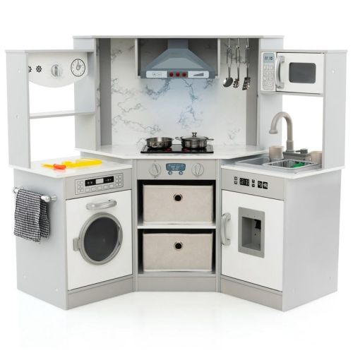 Costway Wooden Kids Play Corner Kitchen with Realistic Lights & Sounds Lighted Range Hood Brown/Grey