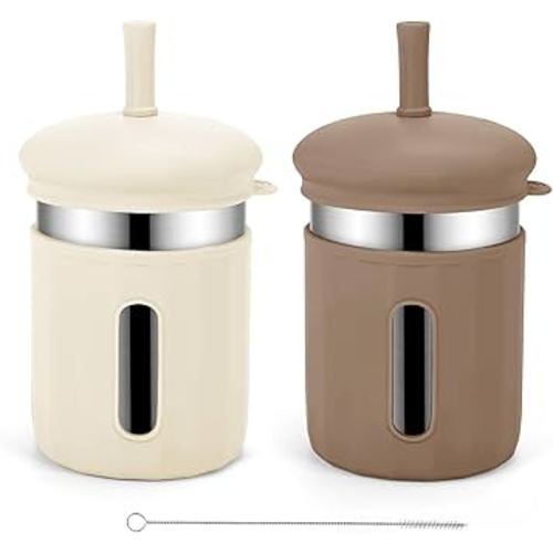 Amazon.com : EsOfficce Stainless Steel Kids Cups, 12.51 oz Toddler Tumbler with Straws and Lids, Spill-Proof Baby Smoothie Cup with Silicone Sleeve, Versatile 2-in-1 Drinking Snack Cups for Kids (Brown+Beige) : Baby