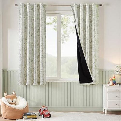 jinchan Blackout Nursery Curtains 63 Inches Long, Bunny Woodland Toile Curtains Sage Green on Beige Animal Printed Drapes for Bedroom Thermal Insulated Farmhouse Rod Pocket Window Treatment 2 Panels