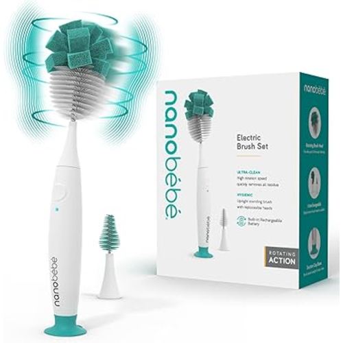 Nanobebe E-Brush Baby Bottle Cleaner - Electric Bottle Cleaning Brush, Baby Accessories, and Sippy Cups - Rechargeable, Includes Replaceable Brush Head (Color: Teal)