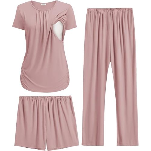 Ekouaer Maternity Nursing Pajamas Set 3 Piece Postpartum Lounge Breastfeeding Pjs Pregnancy Shorts & Pants S-XXL
