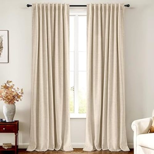 INOVADAY 100% Blackout Curtains 84 Inches Length 2 Panels Set, Back Tab/Rod Pocket Linen Black Out Curtains for Bedroom, Thermal Insulated Window Drapes - Oatmeal, W50 X L84