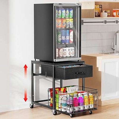 Housolution Mobile Mini Fridge Stand with Storage, Height-Adjustable Mini Beverage Fridge Table, Coffee Bar, 200 lbs Heavy-Duty Compact Refrigerator Shelf with Rolling Cabinet for Kitchen Home, Black