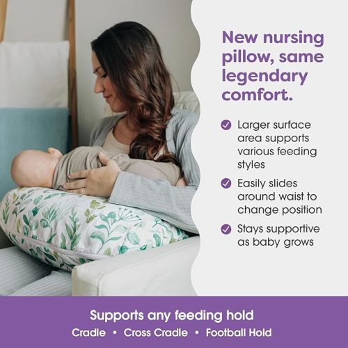 Boppy Nursing Pillow - Ergonomic Bottle & Breastfeeding Pillow with High, Firm, Large Area, Water-Repellent Cushion with Washable Cover; Baby Safety Alliance Verified - Sage Green Leaf