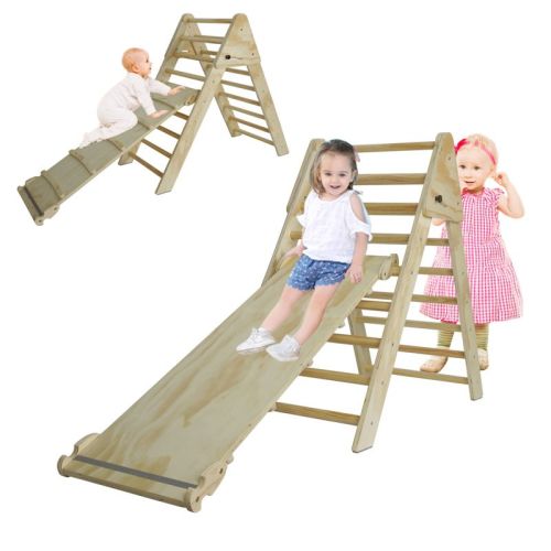 Foldable Pikler Triangle Climber Set for Toddlers, Wooden Montessori Climbing Toy with Ramp and Arch Indoor Playground