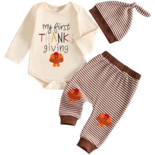 Bonangber Newborn Baby Boy Football Outfit Thanksgiving Outfit Long Sleeve Romper Pants Hat Set Cute Fall Winter Clothes
