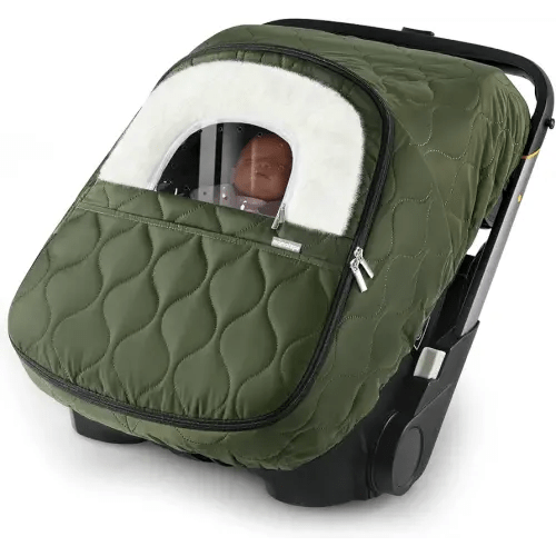 Winter Baby Car Seat Cover, Waterproof, Windproof Warm Fleece Breathable with Full Zipper for Newborn Car Seat, Green