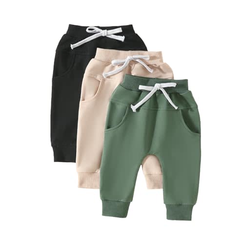 Toddler Baby Boys Girls Sweatpants 3 Pack Solid Color Elastic Waist Bottom Pants Newborn Infant Trousers