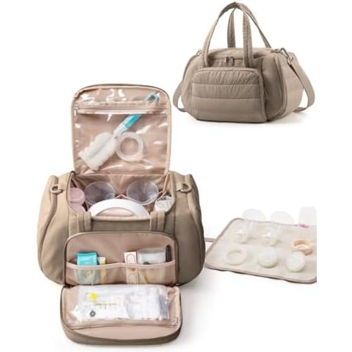 Quilted Breast Pump Bag Compatible with Spectra S1 and S2, Pumping Bag with Cooler Compartment and a Drying Mat, Camel