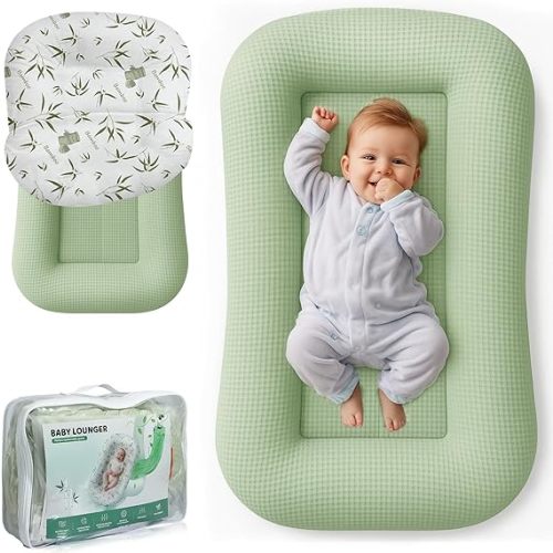 Baby Lounger for Newborn - Infant Lounger 0-24 Months with Lounger Cover, Cooling Baby Nest Lounger, Breathable Waffle Fabric & 3D Support, Portable Newborn Essentials, Green