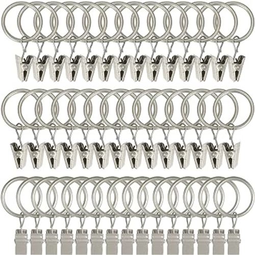 44 Pack Matte Silver Curtain Rings with Clips, Curtain Hooks Hangers Clip Rings for Hanging Drapes Bows Hat, Drapery Rings 1 in I D, Fits up to 5/8 in Diameter Curtain Rod.