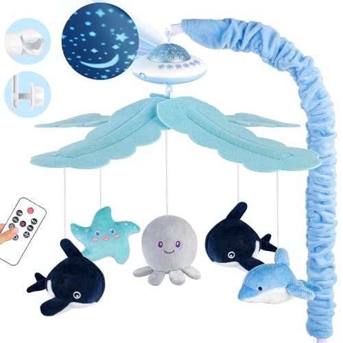 Playix Baby Crib Mobile with Music and Lights, Nursery Baby Mobile for Crib with Remote Control, Rotation, Starlight Projection, Crib Toys for Babies Boys Girls Blue