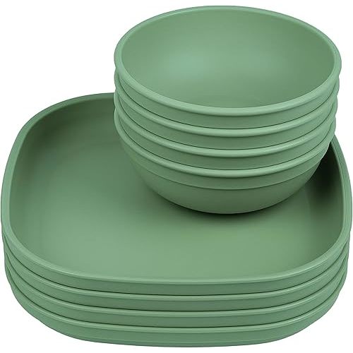 Re-Play Toddler Plates - 9 In and Bowls - 20 Oz. - Kids Plates and Bowls, Microwave and Dishwasher Safe - Set of 4x4 - Sage