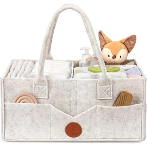 Maliton Diaper Caddy Organizer, Car Organizer with Handle, Felt Diaper Caddy for Baby Nursery Storage, Changing Table Organizer for Baby Stuff, 16" x 10" x 7" Baby Shower Gifts for Newborn (White)