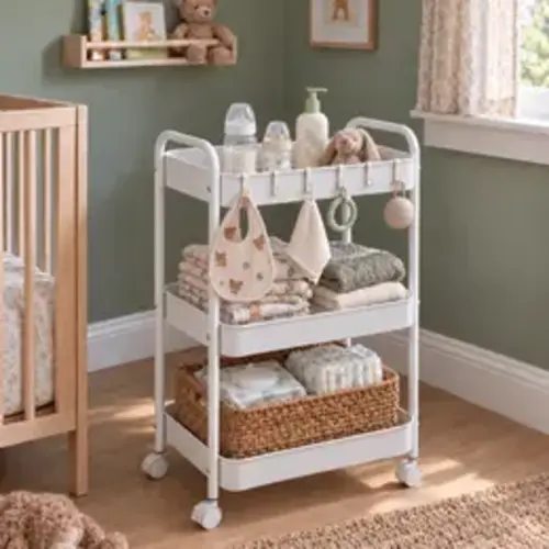 Smooth 3-Tier Movable Metal Storage Cart - Slim Rectangular Home Organizer with 6 Hooks to Keep Small Items Tidy, Handle, Plastic Hanging Fruit Holder, Adjustable Standing Shelf, Ideal for Bathroom, Bedside - TikTok Shop