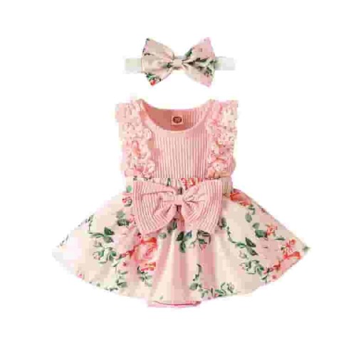 Edvintorg Newborn Girl Clothes Summer Clearance Infant Cotton Outfits Sleeveless Skirt Baby Girl Lace Bow Tie Dress Romper Hair Band Set 0-18 Months