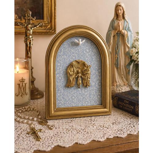 Holy Family Shrine | Gold Arched Frame, Marian Blue Background, Catholic Decor