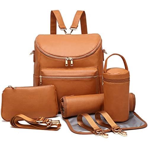 I IHAYNER Diaper Bag Backpack Leather Backpack for Women Travel Backpack Baby Bag Large with Troller Straps Capacity for Wet Clothes, Breast Pump, Milk Bottle Brown