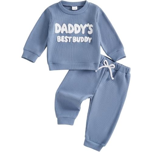 Kupretty Toddler Baby Boy Fall Winter Clothes Embroidery Waffle Knit Sweatshirt Pullover Tops + Casual Pants Outfit Set