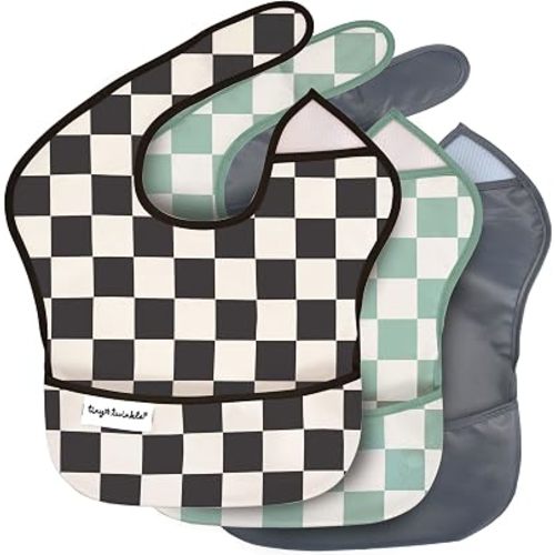 Tiny Twinkle Mess-Proof Baby Bibs for Eating | Waterproof, Wipeable Toddler Bibs with Catch-All Pocket | Feeding Bibs for Girls & Boys(3 Pack,Checkers Boy)