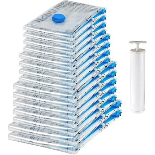 Amazon Basics Vacuum Storage Bags for Clothes, Compression Space Saving Storage Bags with Hand Pump, Reusable, Heavy-Duty Seal Protection, Multiple Sizes, White, 15-Pack