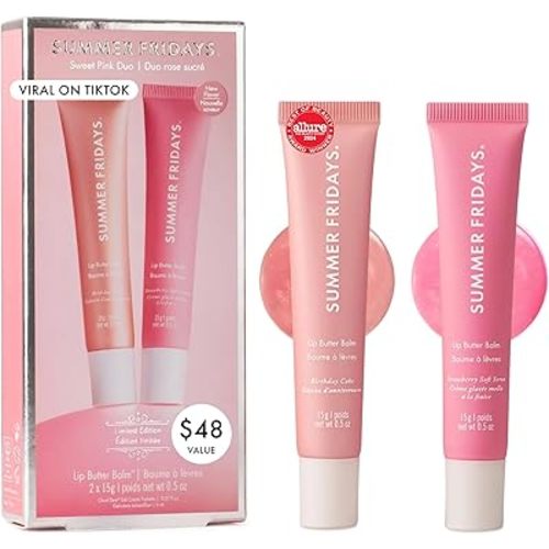 Summer Fridays Lip Butter Balm Sweet Pink Duo - Conditioning Tinted Lip Balm + Overnight Mask for Instant Shine + Color - With Hydrating Shea Butter - Strawberry Soft Serve + Birthday Cake (2 Count)