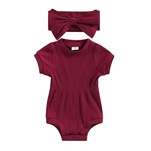FOCUSNORM Baby Girl Summer Clothes Ribbed Short Sleeve Romper Solid Color Bodysuits Bow Headband Outfit Newborn Girl Jumpsuit