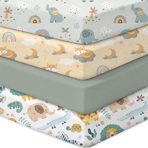 Baby Crib Sheets 4 Pack for Boys and Girls Fit for Standard Crib Toddler Mattress Breathable Soft Microfiber Baby Sheet 28x52x8in,Elephant & Fox & Lion & Green:Crib Sheets