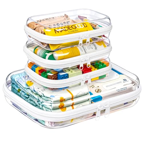 4 Pack Diaper Bag Organizer Pouches, Clear Hard Shell Zipper Cases for Baby Essentials, Toiletry Bag for Travel, Makeup Bag, Toy Storage Bins, Waterproof Storage Box for Pacifier Snacks Wipes Clothes