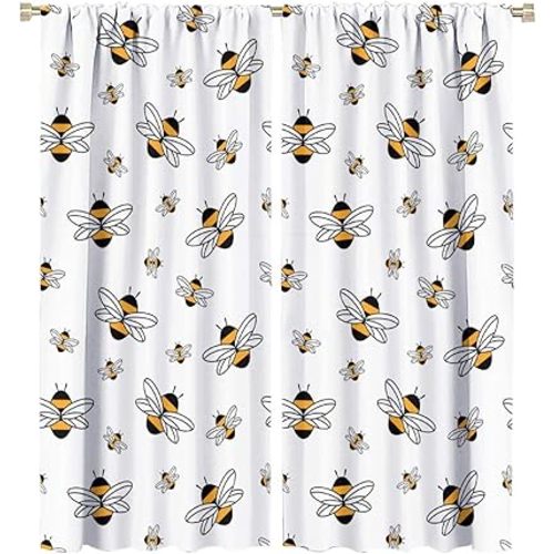Bees Blackout Window Curtains for Kids, Cute Flying Bees Insects Room Darkening Rod Pocket Windows Treatments for Kids Children Girls Boys Bedroom Study Room 42x45in
