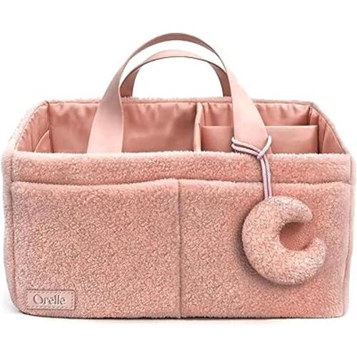 Orelle Bouclé Diaper Caddy Organizer with Matching Pouch & Moon Pendant | Teddy Portable Changing Table Organizer | Pink Diaper Caddy | Must-Have Baby Shower Gifts | Pink