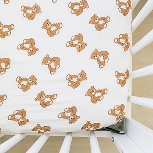 Mebie Baby Teddy Bear Muslin Crib Sheet, Soft and Breathable Fitted Sheet for Babies, 100% Muslin Cotton, 52" x 28" Standard Crib Mattress, Modern Neutral Bedding for Boy or Girl Room