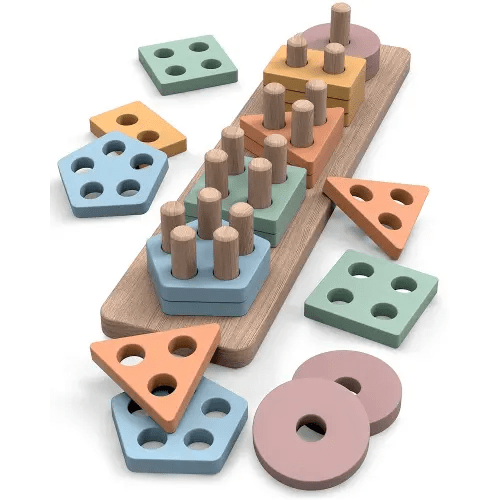 GOPO TOYS Montessori Toys for 18+ Months Old - Toddlers Wooden Sorting and Stacking Toys for Baby Boys and Girls - Shape Sorter and Color Stacker Preschool Kids Wood Gifts