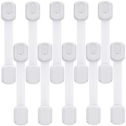 Child Safety Cabinet Locks - (10 Pack) Baby Proofing Latches to Drawer Door Fridge Oven Toilet Seat Kitchen Cupboard Appliance Trash Can with 3M Adhesive - Adjustable Strap No Drill No Tool