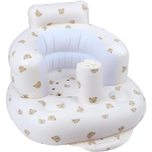 Baby Inflatable Seat with Suction Cups for Babies 3 Months & Up, Baby Floor Seats for Sitting Up with Built in Air Pump, Blow Up Baby Chair for Infants - Bear Head