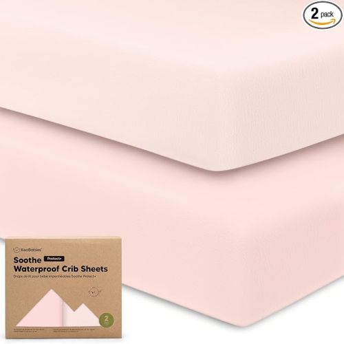 2-Pack Waterproof Crib Sheets for Boys, Girls - 52x28 Organic Cotton Crib Mattress Sheets Fitted, Neutral, Toddler Mattress Protector Cover, Washable, Soft & Durable Baby Bedding Essentials(Mist Rose)