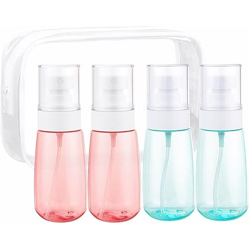 Small Spray Bottle Travel Size 2oz/60ml with PVC Zip bag, Leak Proof Fine Mist Mini Empty Spray Bottles for Perfume Toners Rose Water (Blue Pink, 60ml 4Pack)