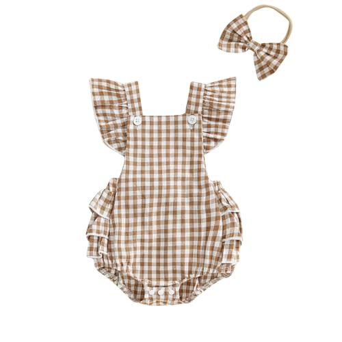 FOMOYUU Newborn Baby Girl Romper Summer Sleeveless Checkered Smocked Cotton Linen Clothes Outfit Jumpsuit with Bow Headband