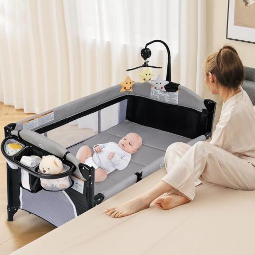INFANS Pack and Play, 5 in 1 Baby Bedside Sleeper with Bassinet, Diaper Changer, Mattress, Carry Bag, Music Box Hanging Toys, Foldable Bedside Crib, Portable Playard for Newborn Toddlers (Gray)