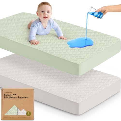 2pk Waterproof Crib Mattress Protector Cover Fitted 52x28 (Sage/Mavy) | Soft Quilted Cotton Crib Mattress Pad Cover, Quiet Waterproof Crib Sheets, Machine Washable, Easy Fit, Durable Baby Sheets