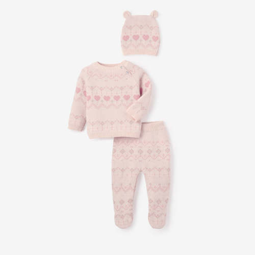 Love Fairisle Sweater, Footed Pant + Hat Set 3pc PINK / 0-3M