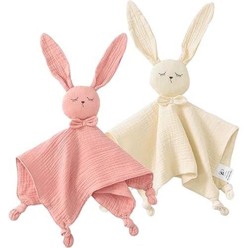 Organic Cotton Baby Lovey Security Blanket, 2-Pack Bunny and Lion Stuffed Animal Comforter Blankie for Newborn, Infant, Toddler 0-3 Years - Machine Washable (12.5in)