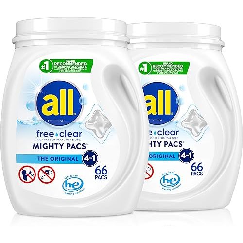 all free clear, Original, MIGHTY PACS Laundry Detergent Pacs for Sensitive Skin, Unscented and Hypoallergenic, 66 Count (Pack of 2)