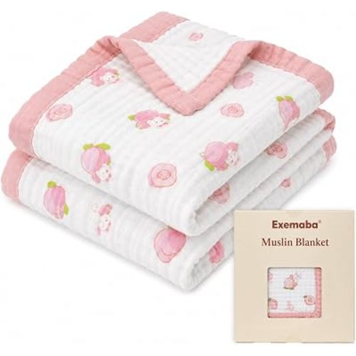 Muslin Baby Blanket, 6-Layer Cotton Infant Crib Quilt(Pink Peach)