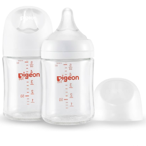 Pigeon Glass Nursing Bottle Wide Neck, Anti-Colic, Streamlined Body, Natural Feel, Easy to Clean, Heat-Resistant, 5.4 Oz(Pack of 2), Includes 2pcs SS Nipples (0m+)