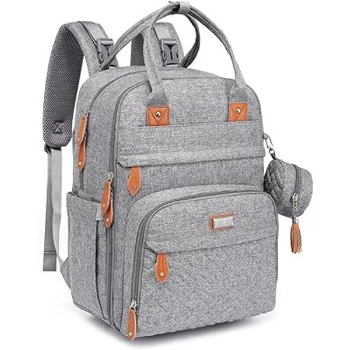BabbleRoo Diaper Bag Backpack - Baby Essentials Travel Tote - Multi Function Water Resistant Diaper Bag, Travel Essentials Baby Bag with Changing Pad, Stroller Straps & Pacifier Case - Light Gray