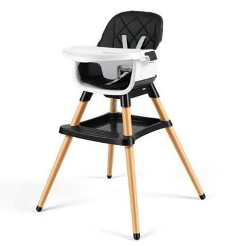 TODECARE High Chair, 7 in 1 Convertible Wooden Highchair for Babies & Toddlers with Adjustable Legs, Double Removable Tray, Safety Harness, Black